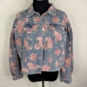 Floral Denim Jacket Roses Print Blue Jean Jacket | Size XL NWOT